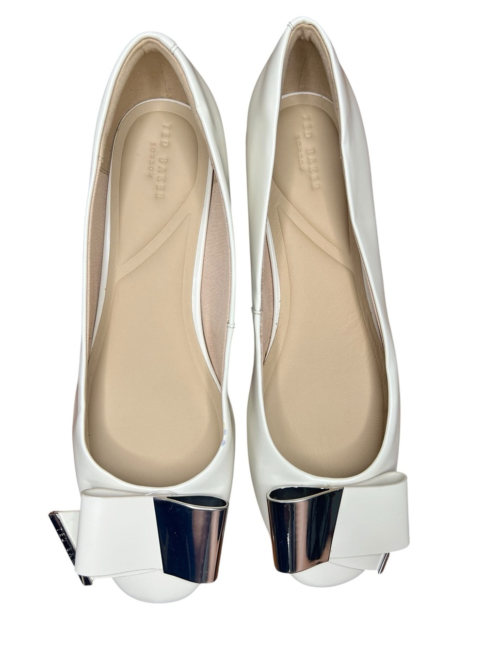 White Ted Baker Leather Ballet Flats with Metallic Bow 8.5 Coquette Office Siren